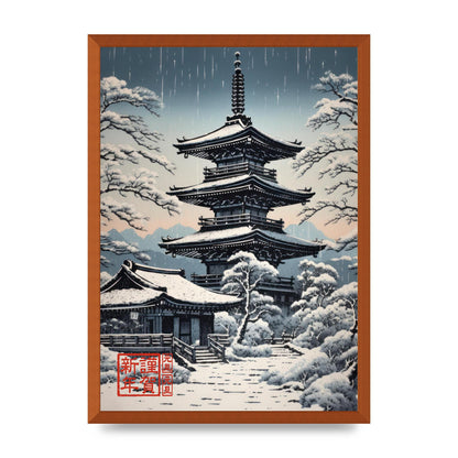 Winter Scene Woodblock Pagoda in Snow
