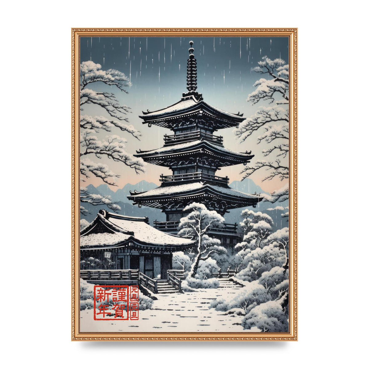 Winter Scene Woodblock Pagoda in Snow