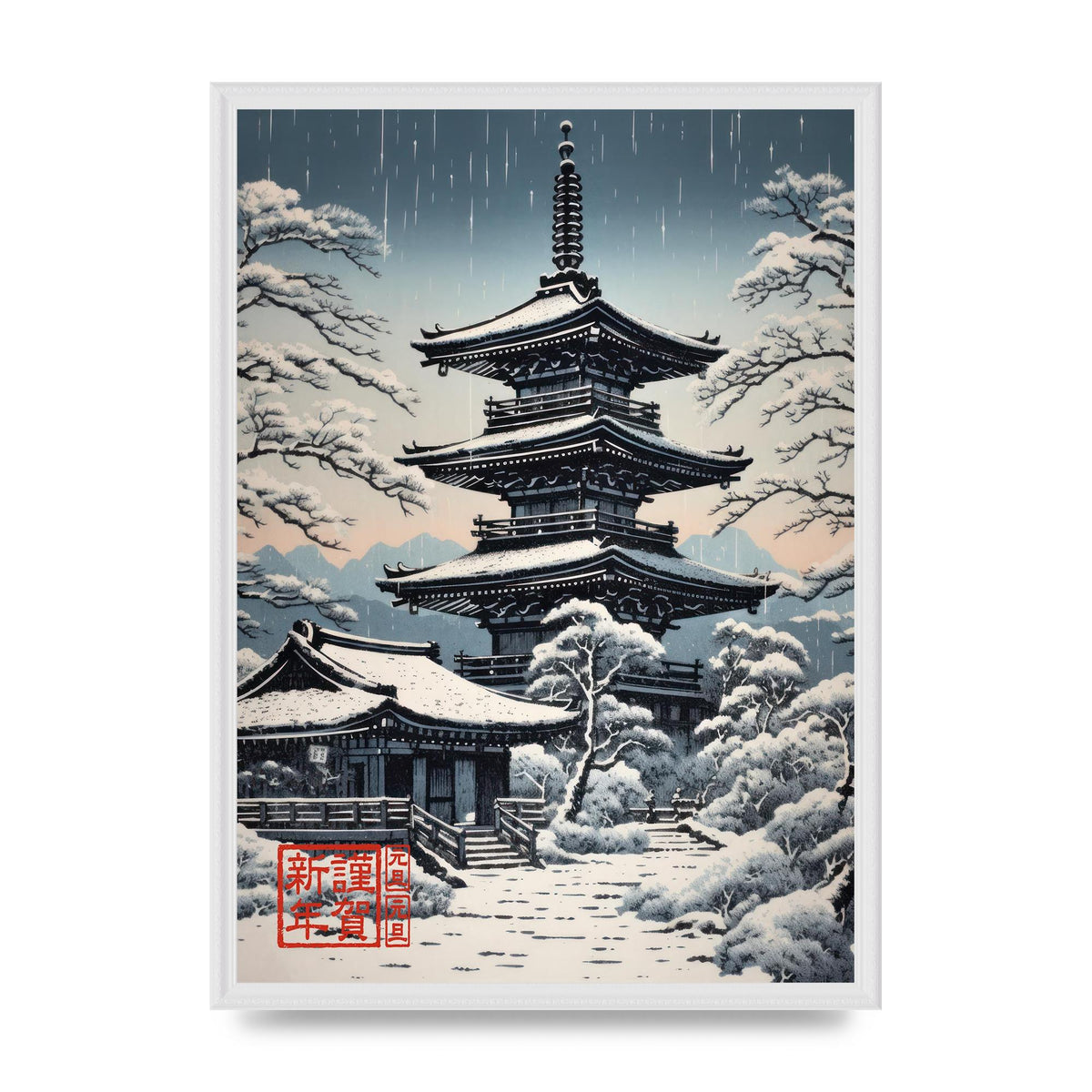 Winter Scene Woodblock Pagoda in Snow