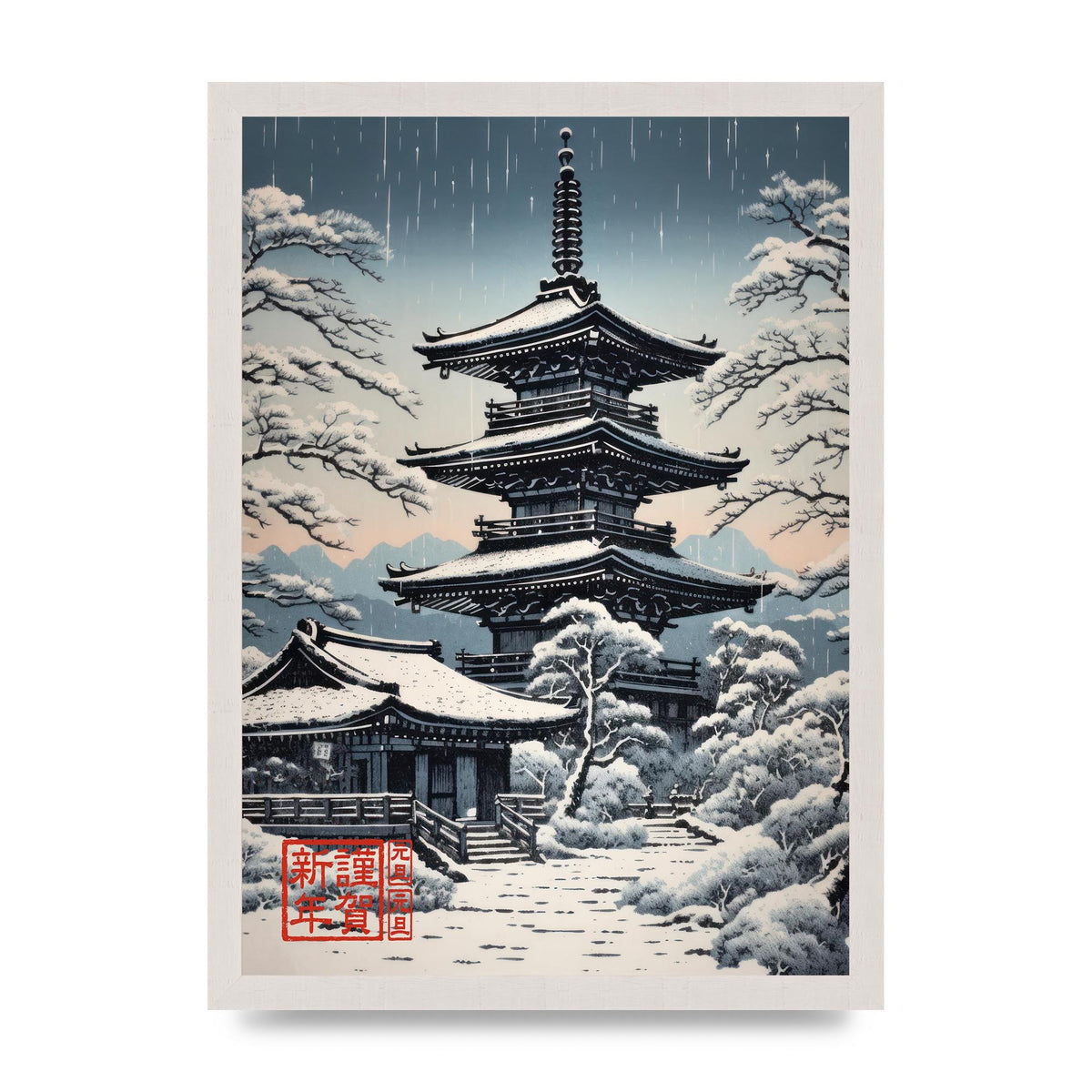 Winter Scene Woodblock Pagoda in Snow
