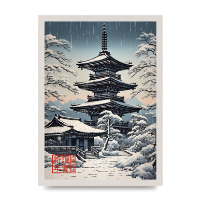 Winter Scene Woodblock Pagoda in Snow