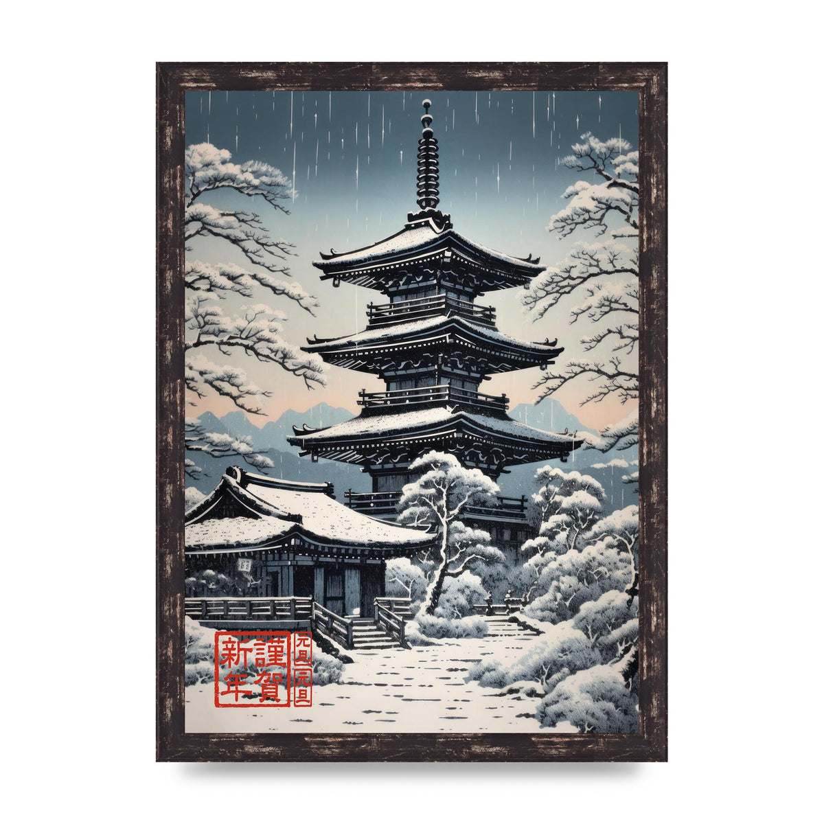 Winter Scene Woodblock Pagoda in Snow