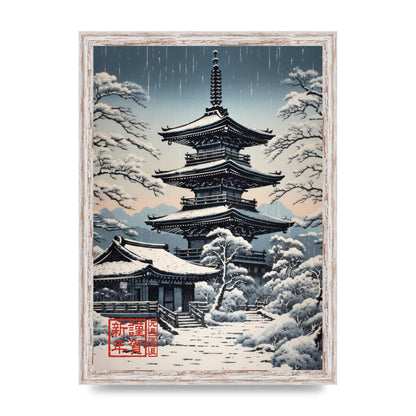 Winter Scene Woodblock Pagoda in Snow