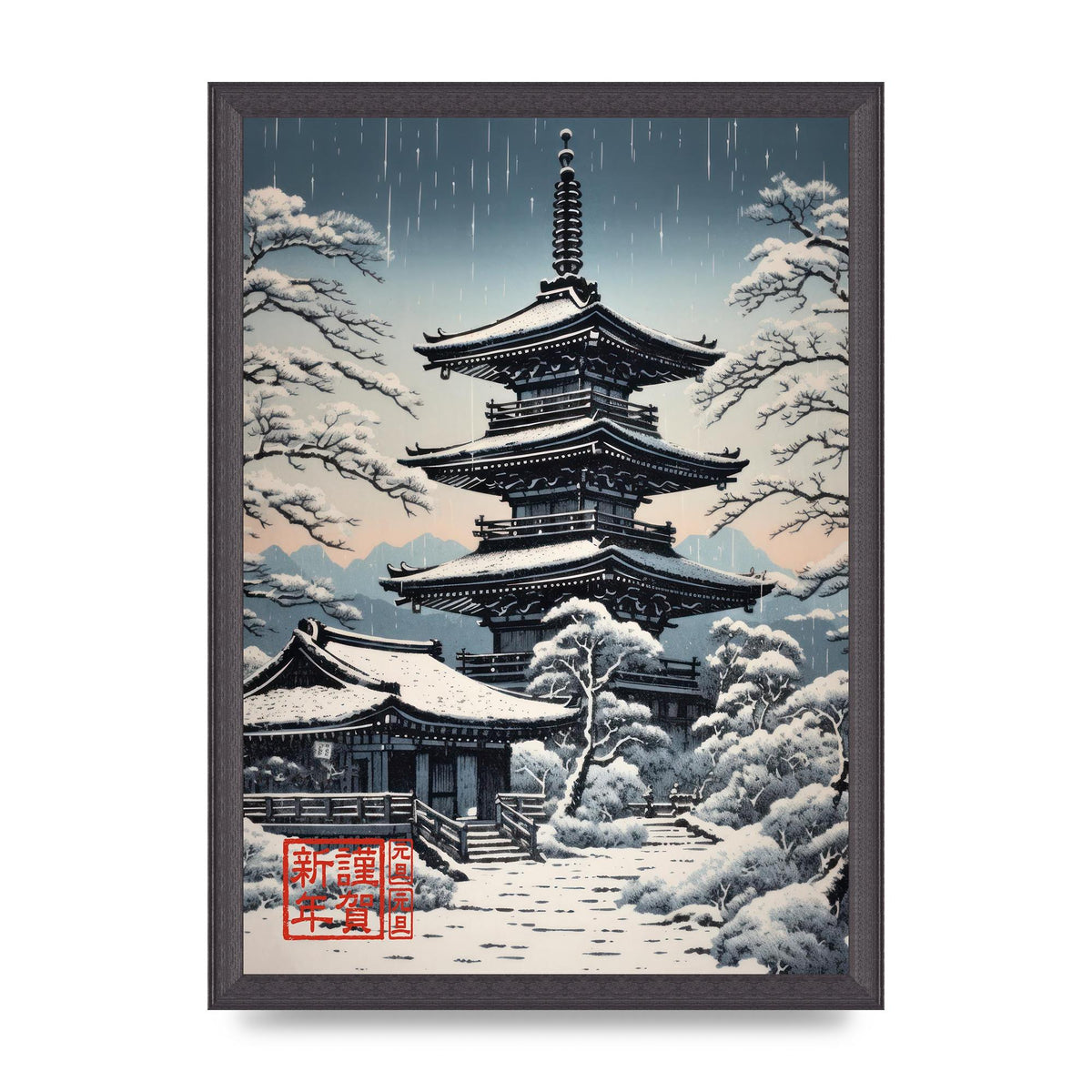 Winter Scene Woodblock Pagoda in Snow