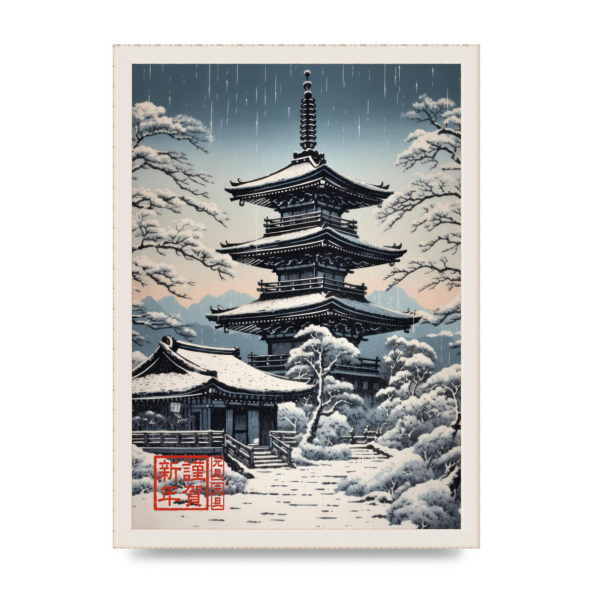 Winter Scene Woodblock Pagoda in Snow