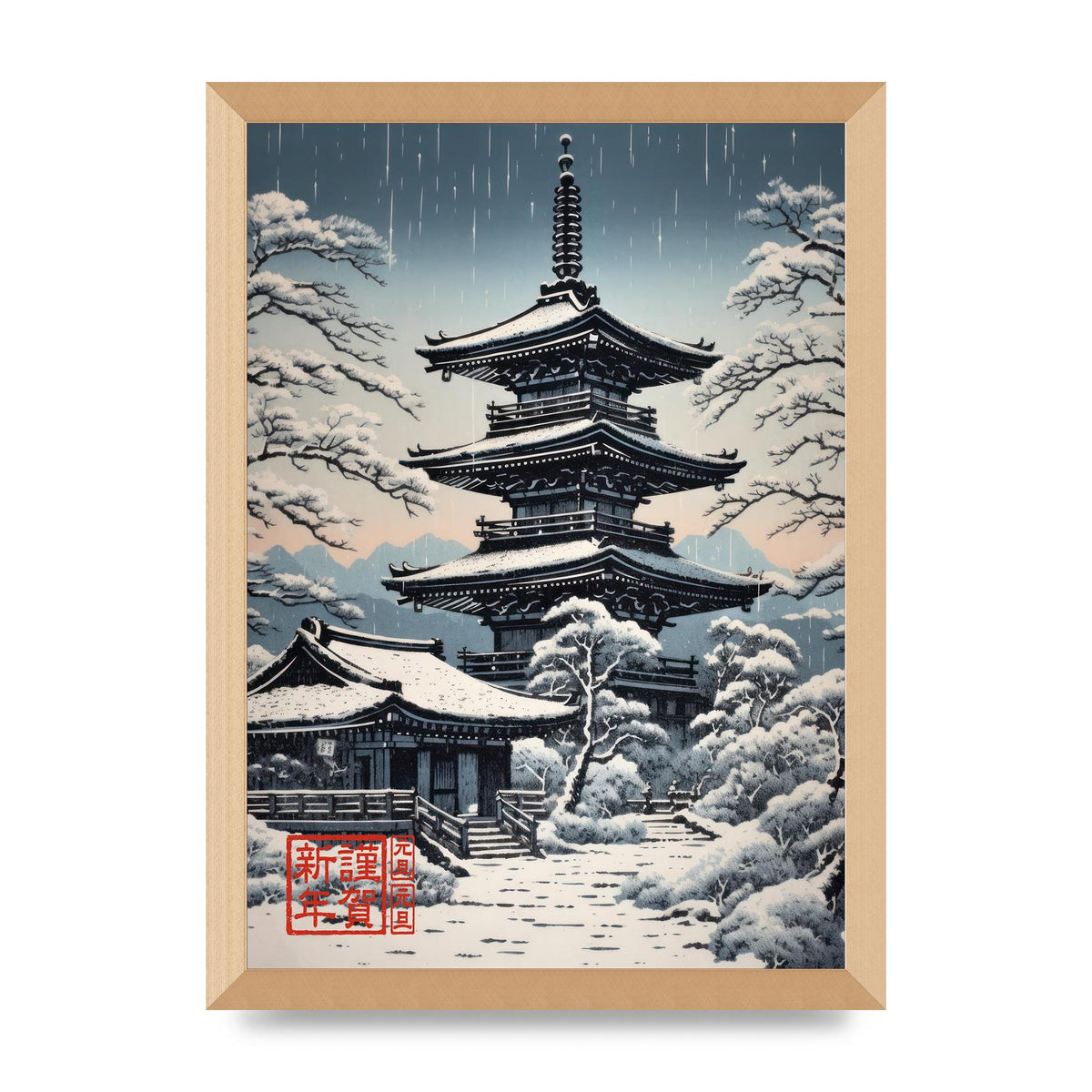 Winter Scene Woodblock Pagoda in Snow