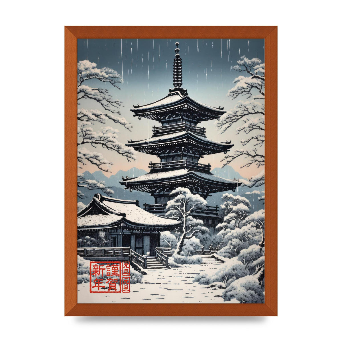 Winter Scene Woodblock Pagoda in Snow