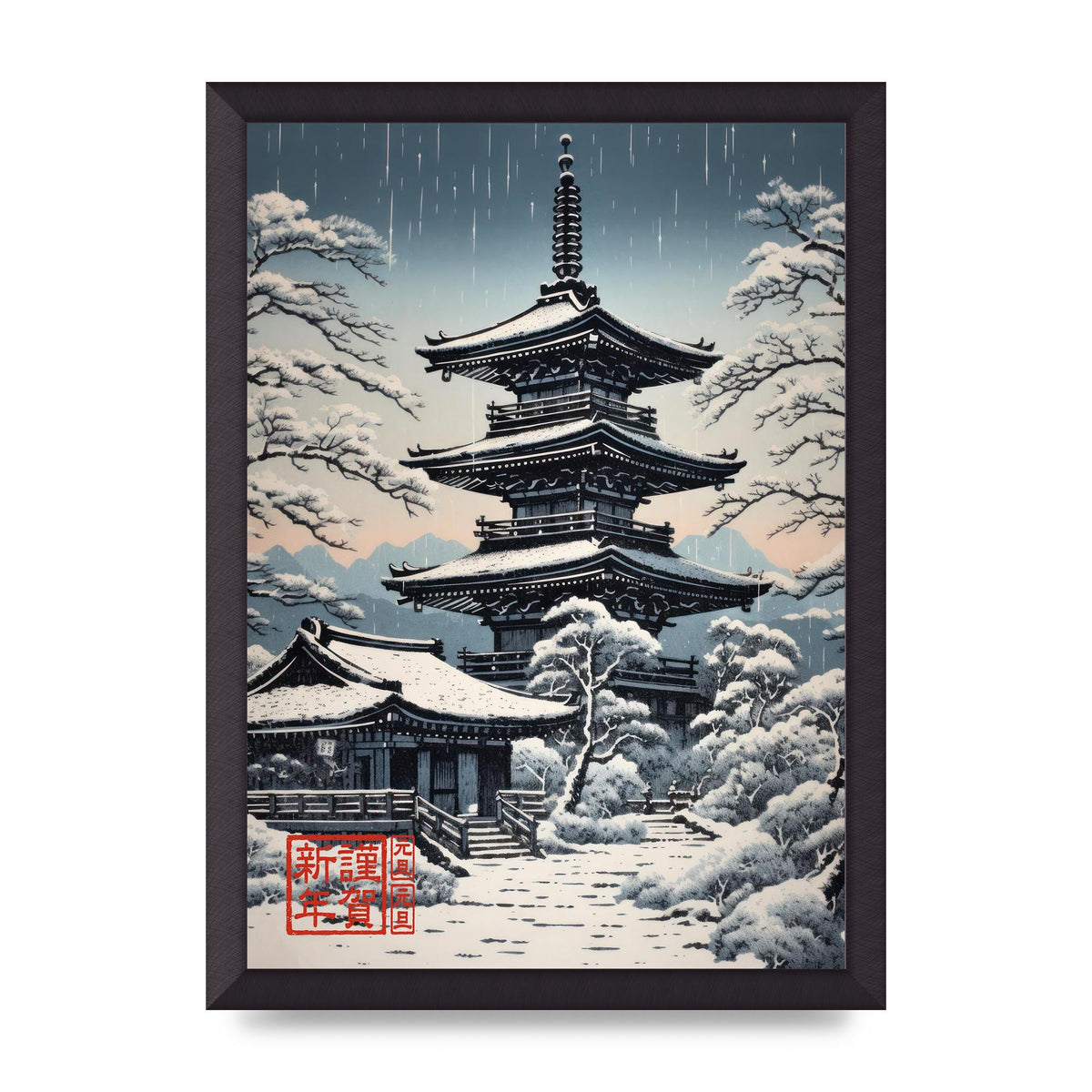 Winter Scene Woodblock Pagoda in Snow