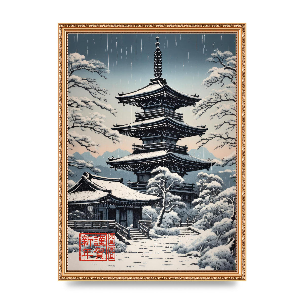 Winter Scene Woodblock Pagoda in Snow