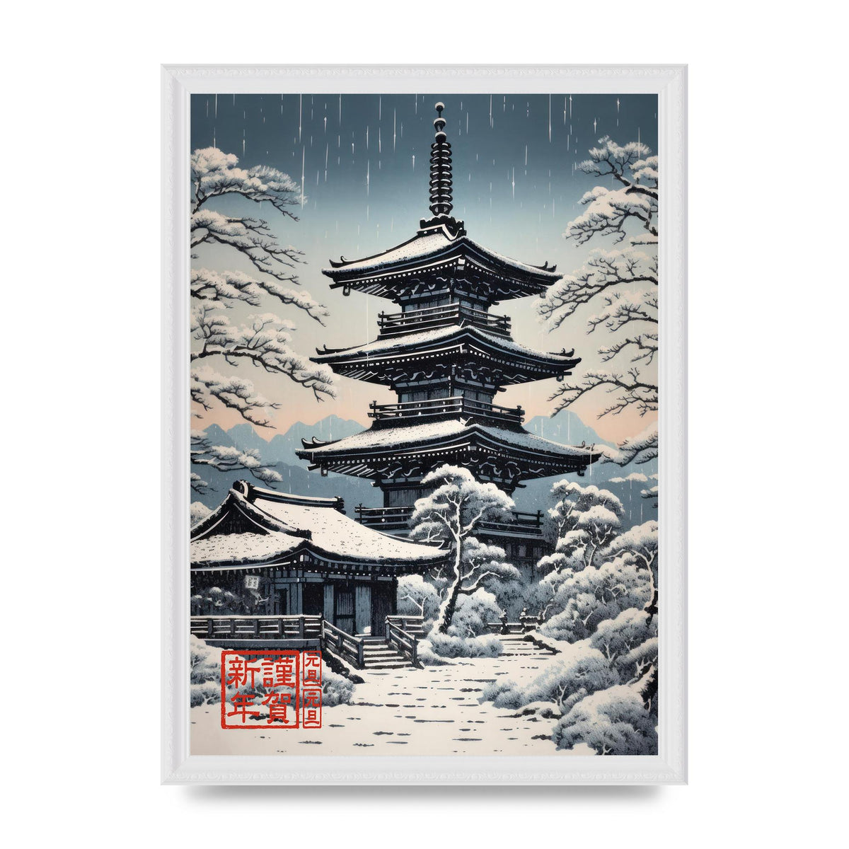 Winter Scene Woodblock Pagoda in Snow