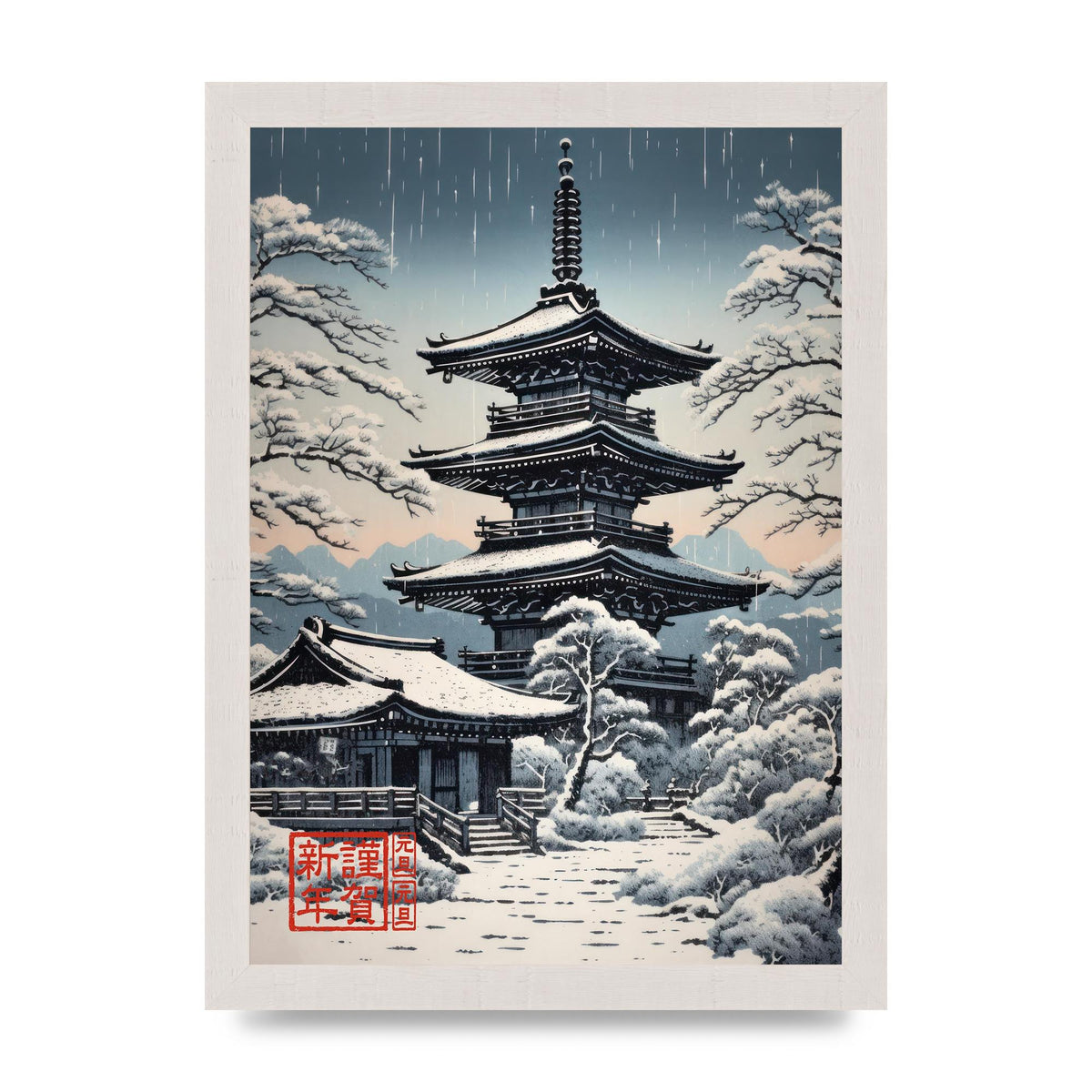 Winter Scene Woodblock Pagoda in Snow