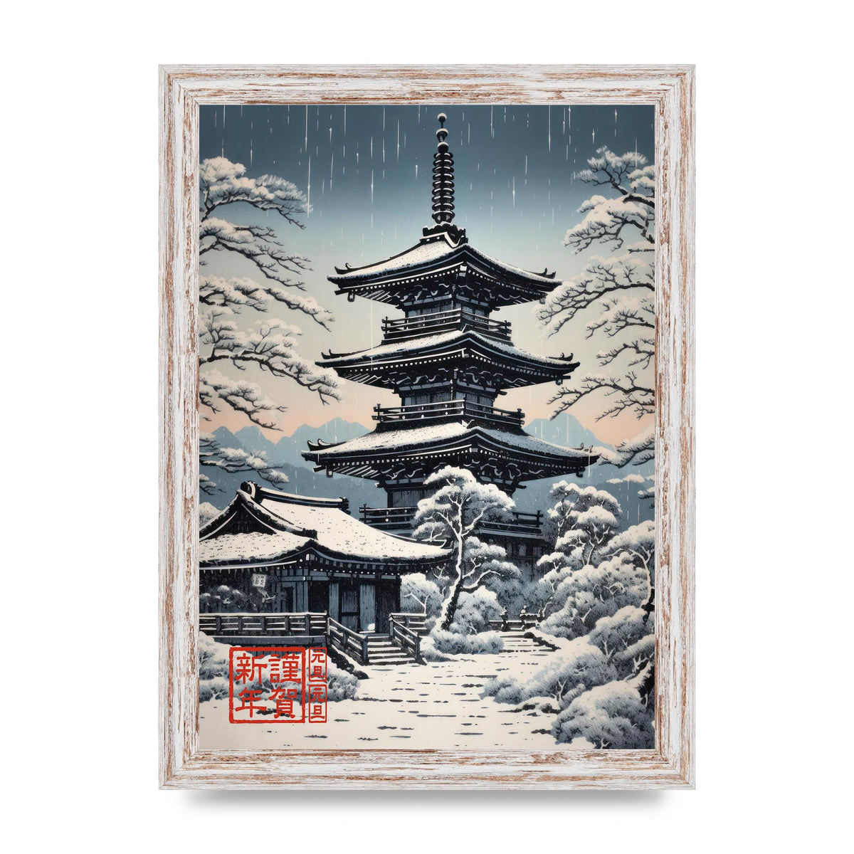 Winter Scene Woodblock Pagoda in Snow