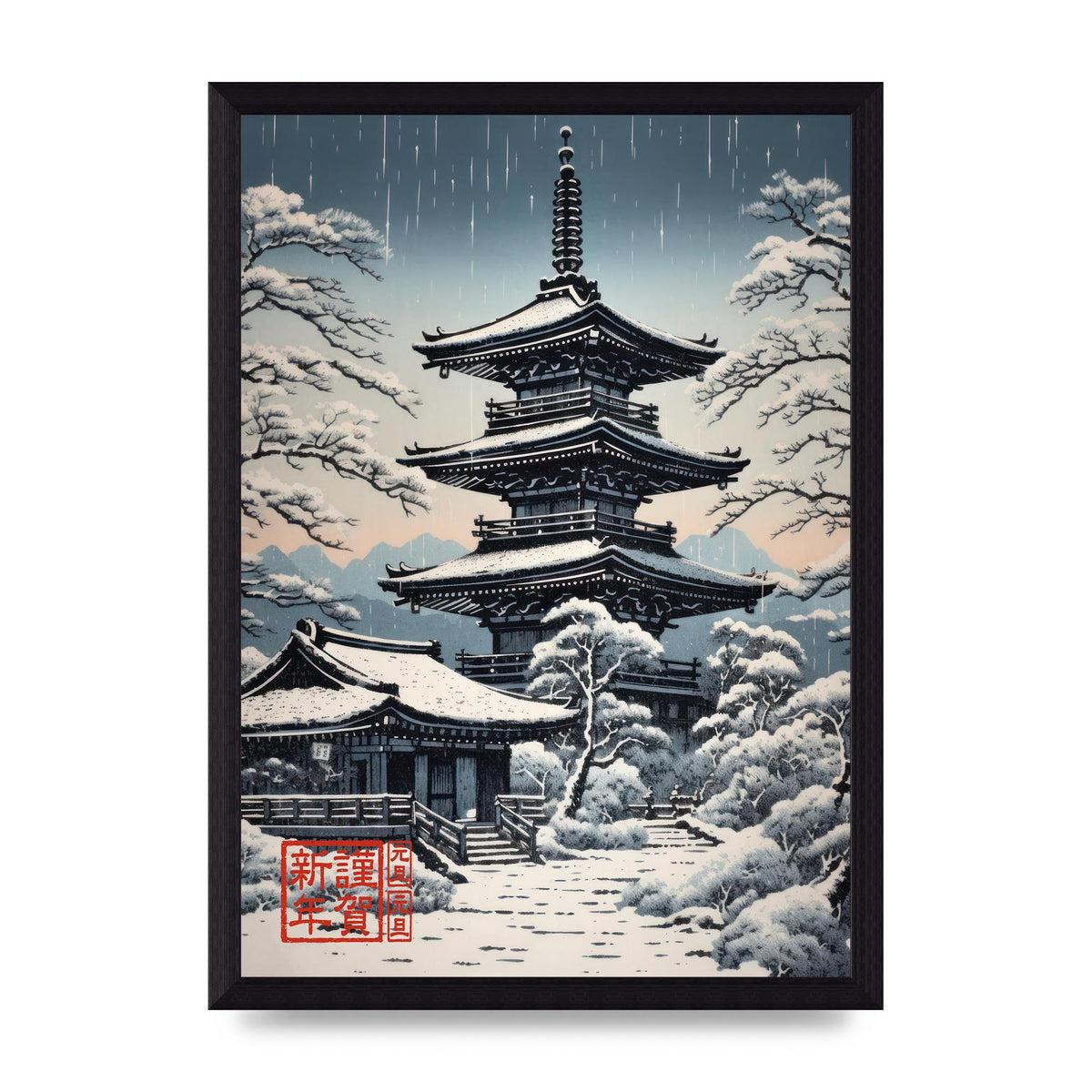 Winter Scene Woodblock Pagoda in Snow
