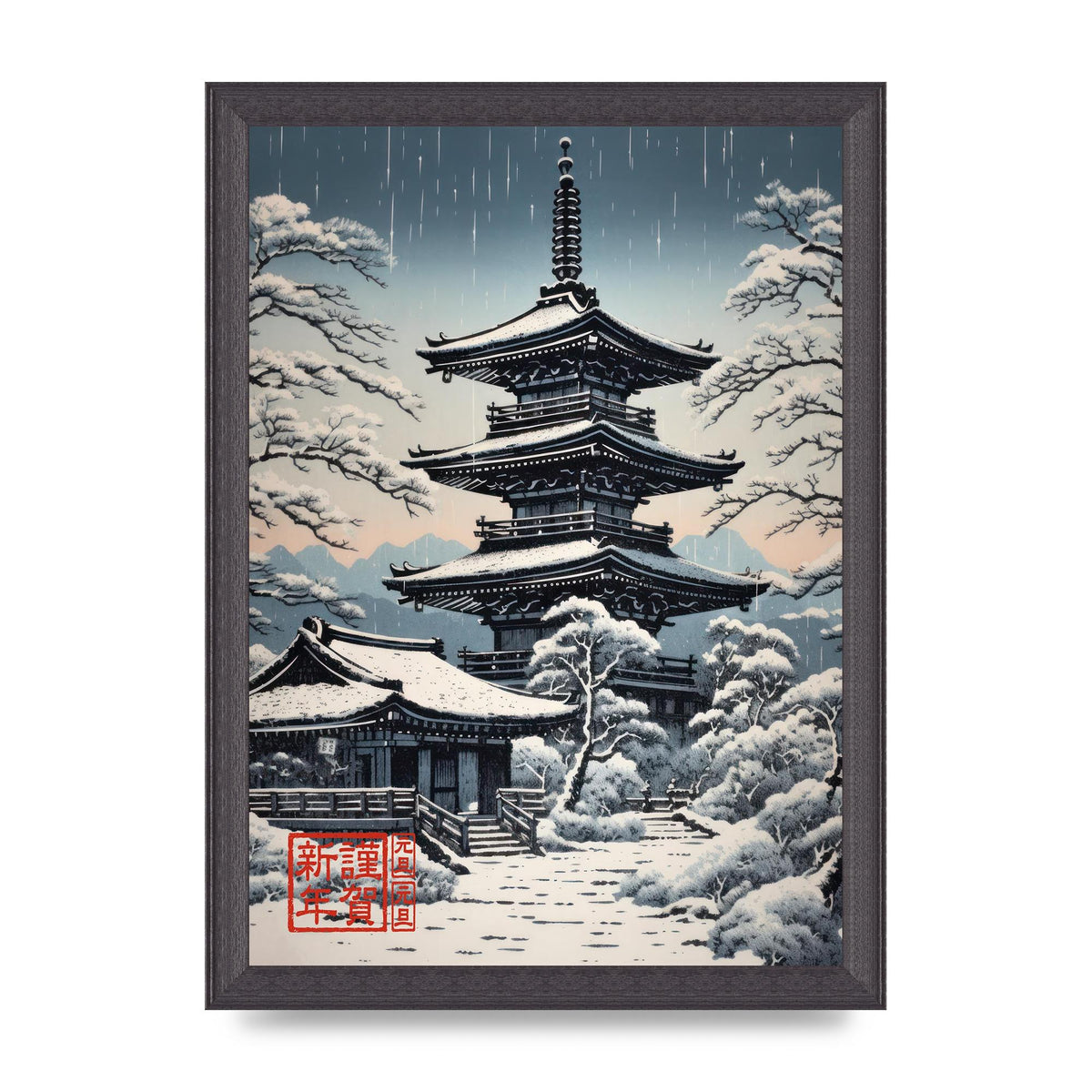 Winter Scene Woodblock Pagoda in Snow