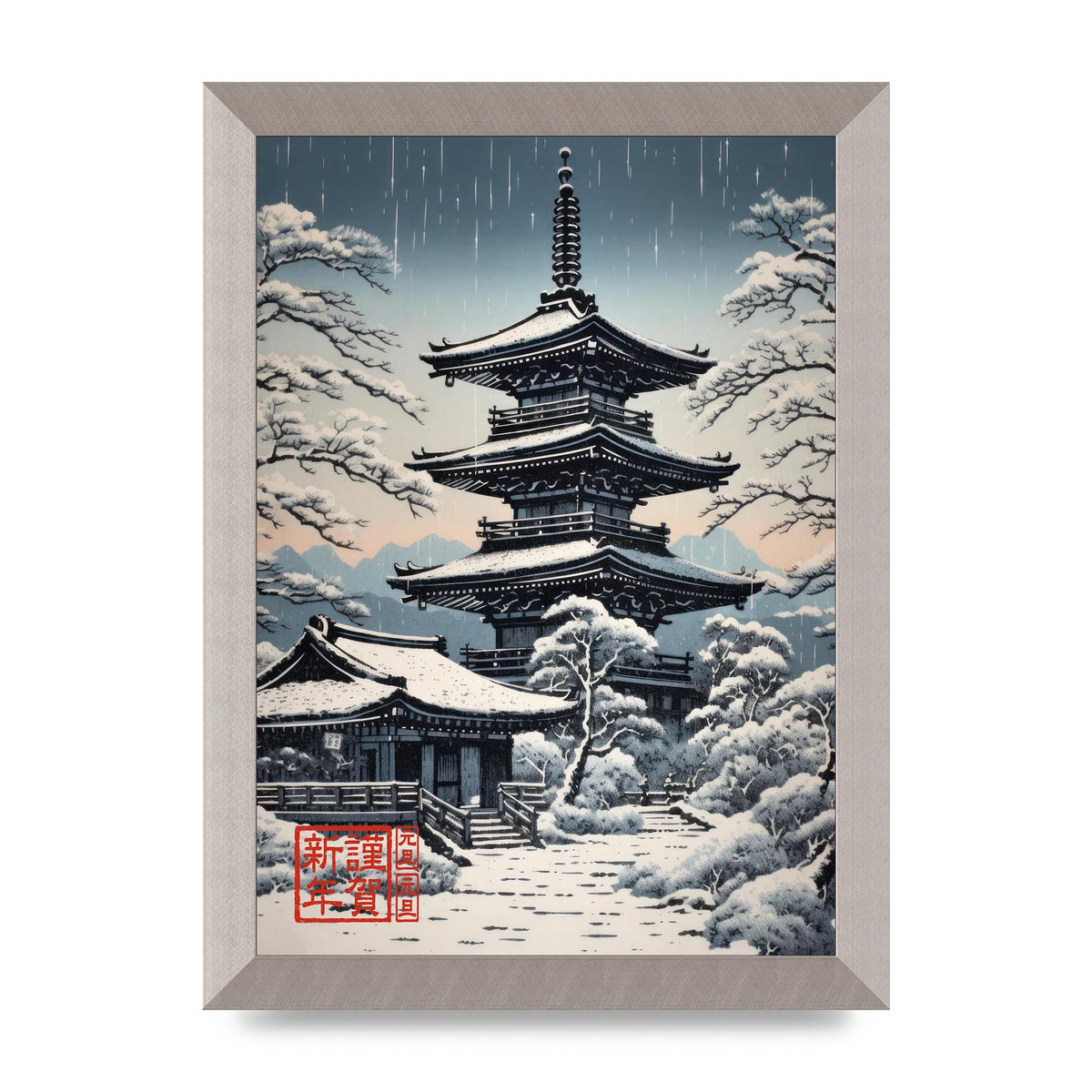 Winter Scene Woodblock Pagoda in Snow