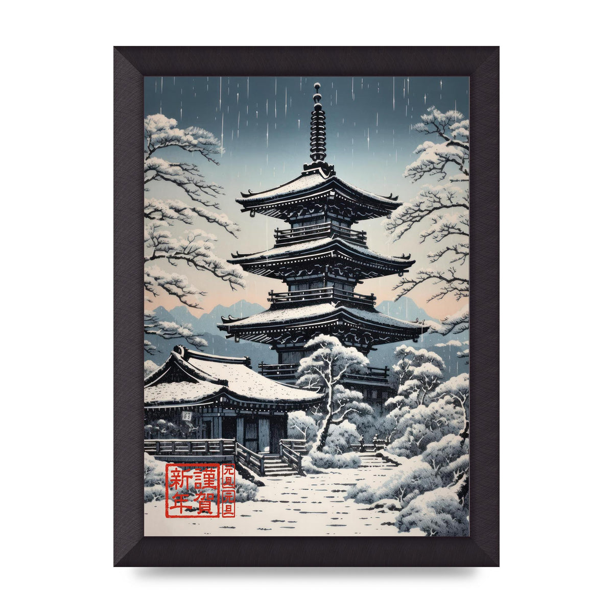 Winter Scene Woodblock Pagoda in Snow