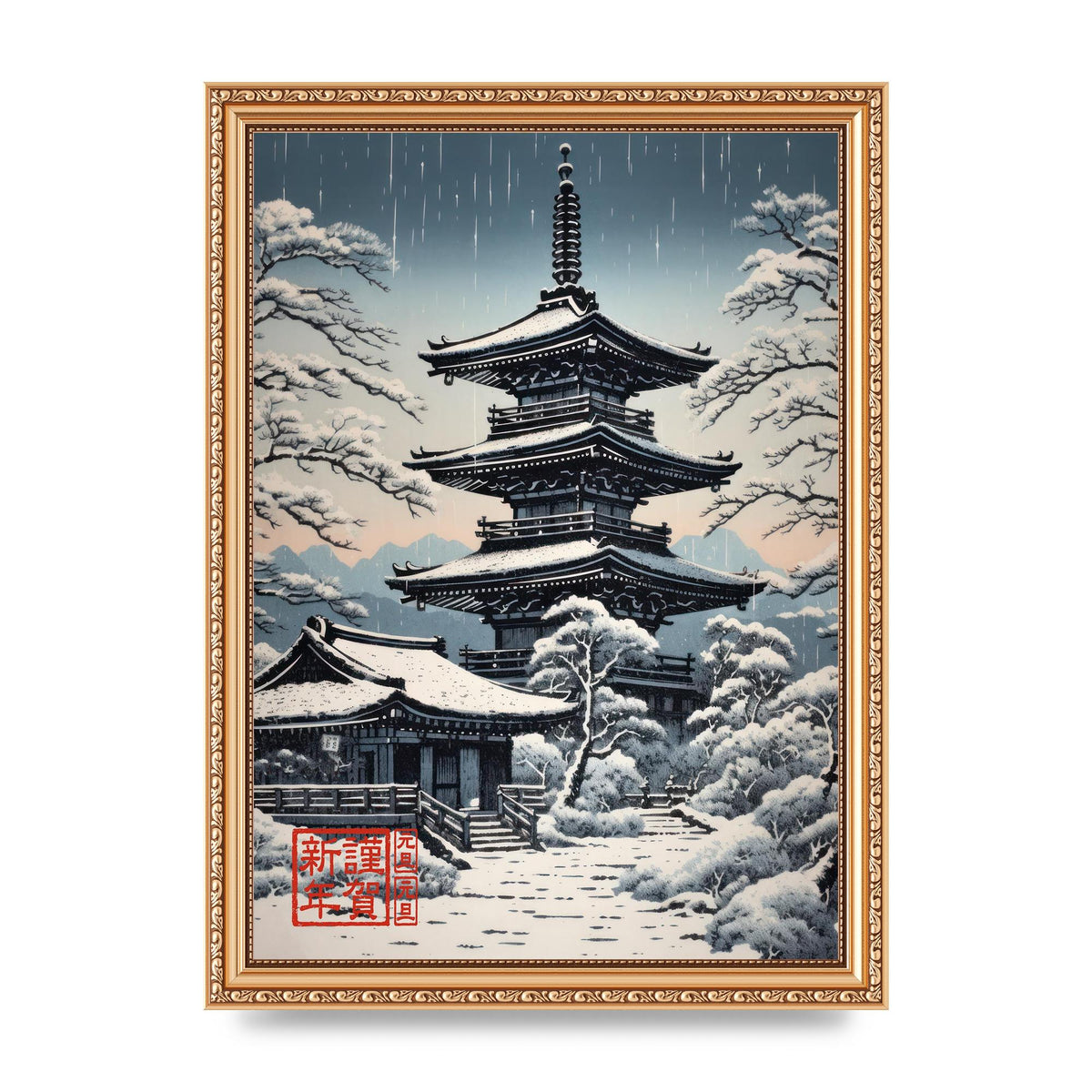 Winter Scene Woodblock Pagoda in Snow