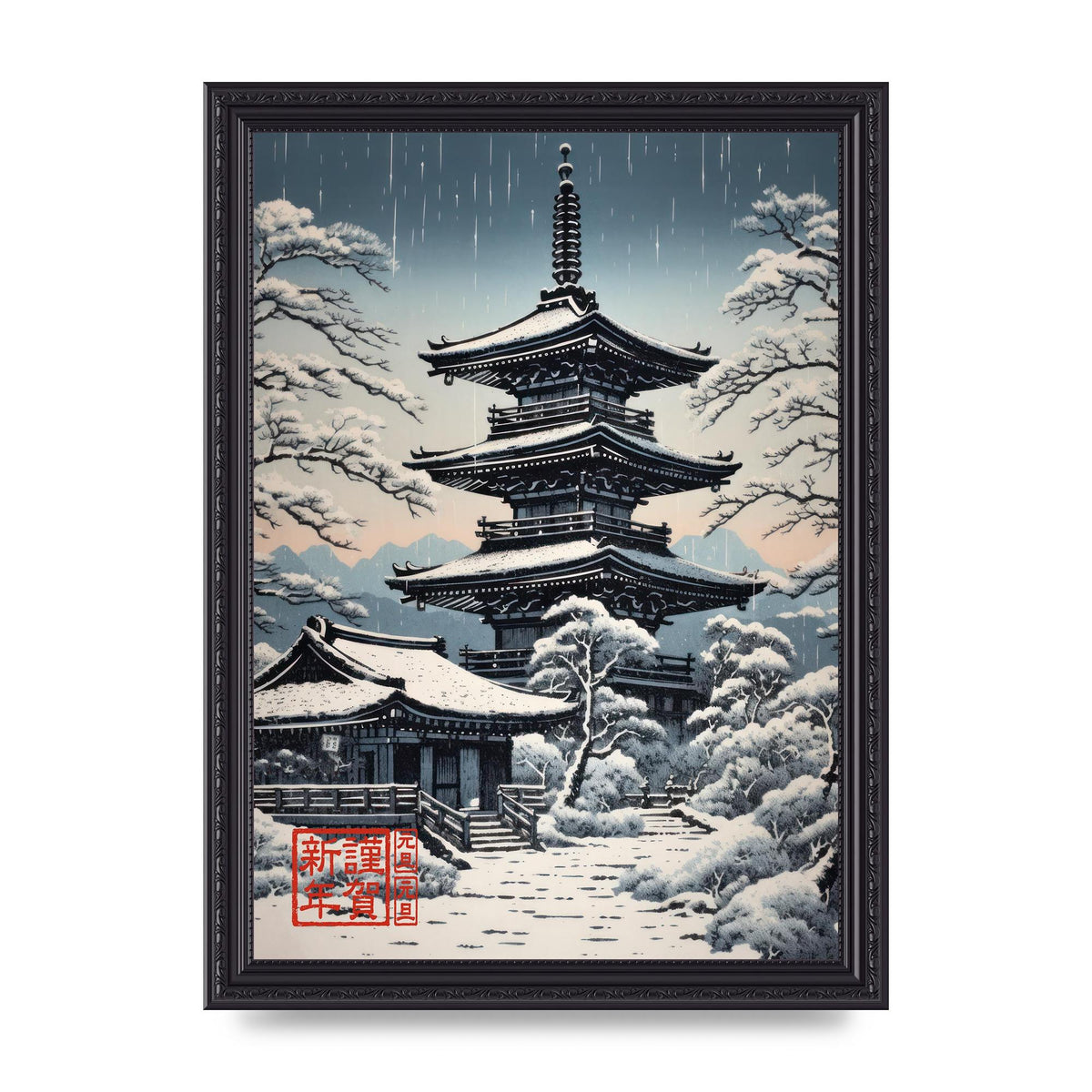 Winter Scene Woodblock Pagoda in Snow