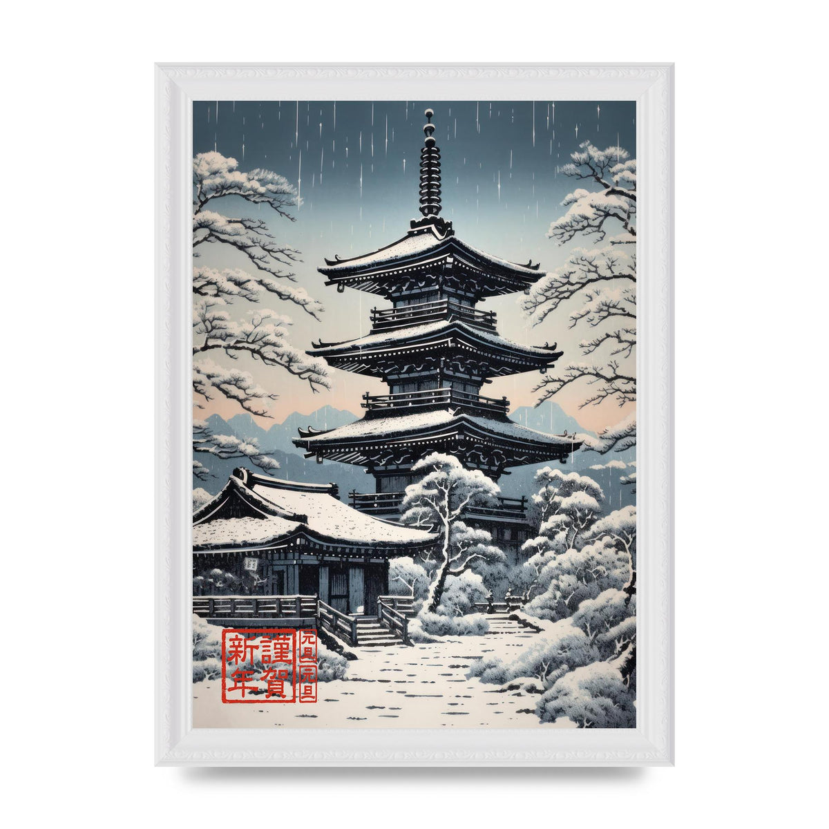 Winter Scene Woodblock Pagoda in Snow