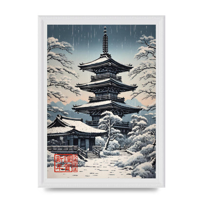 Winter Scene Woodblock Pagoda in Snow