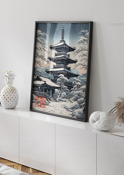 Winter Scene Woodblock Pagoda in Snow