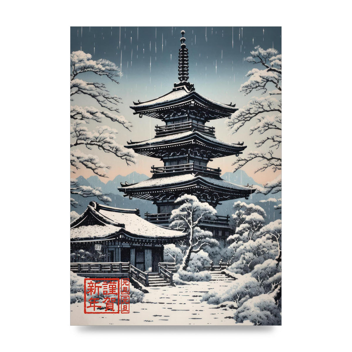 Winter Scene Woodblock Pagoda in Snow