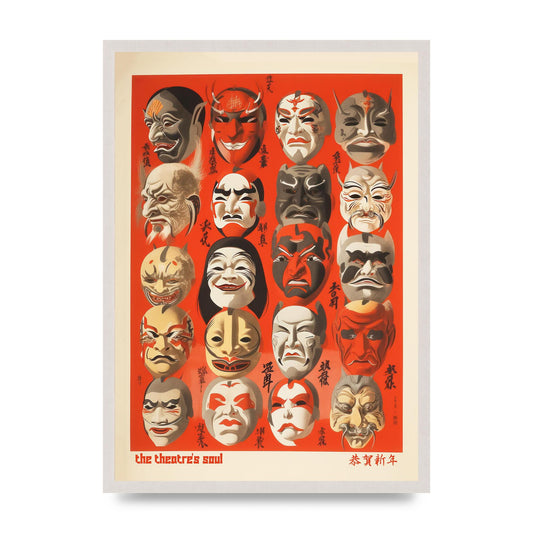 Noh Theatre Masks Lithograph, print in an A2 white saw cut grain frame