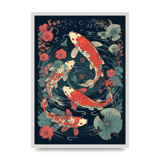 Vibrant Koi Fish Amidst Lotus Flowers, print in an A2 white saw cut grain frame