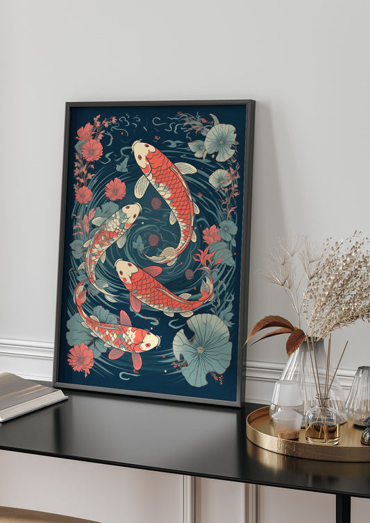 Vibrant Koi Fish Amidst Lotus Flowers