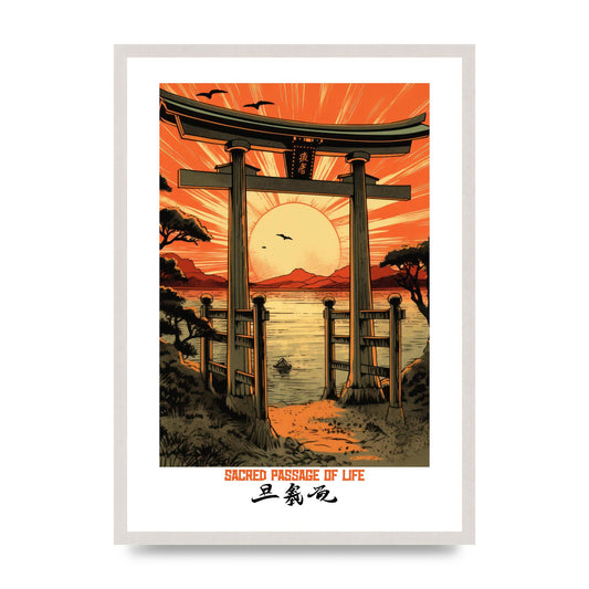 Sunset Hues Over Torii Gate Woodblock, print in an A2 white saw cut grain frame