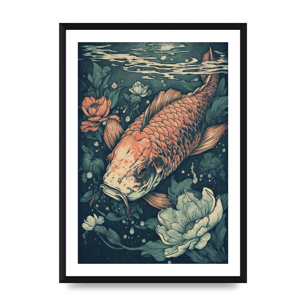 Elegant Floating Koi Fish Risograph