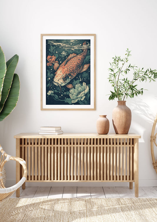 Elegant Floating Koi Fish Risograph