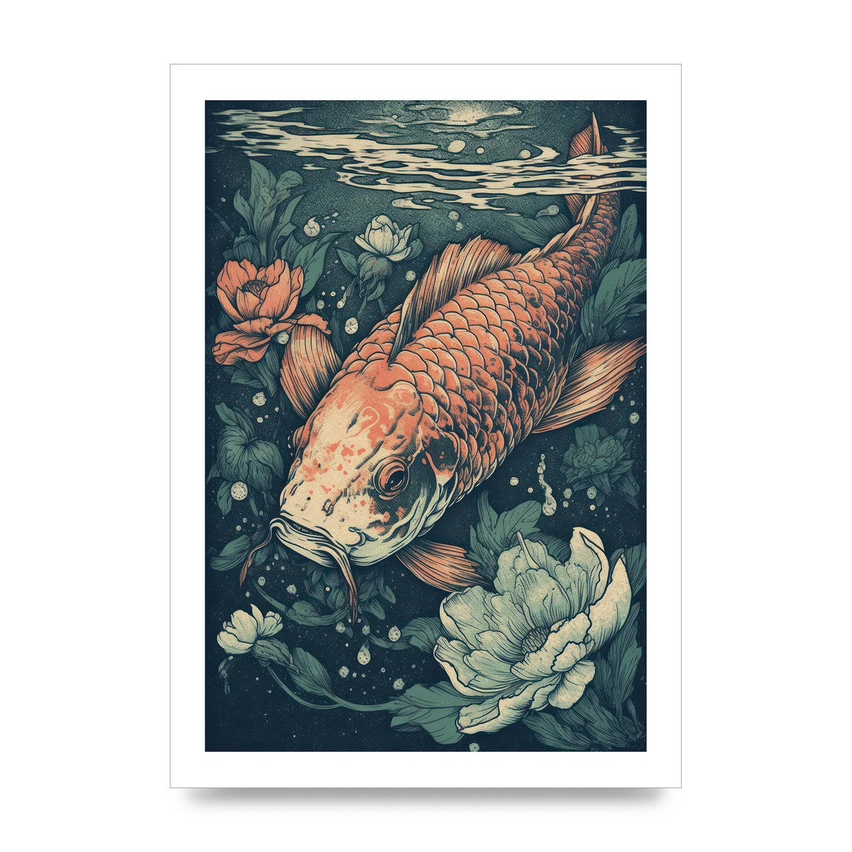 Elegant Floating Koi Fish Risograph