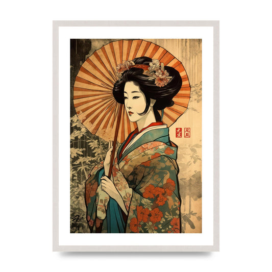 Graceful Geisha Woodblock Rendition, print in an A2 white saw cut grain frame