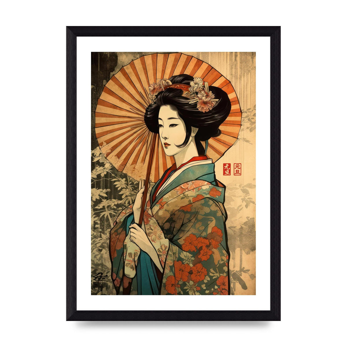 Graceful Geisha Woodblock Rendition