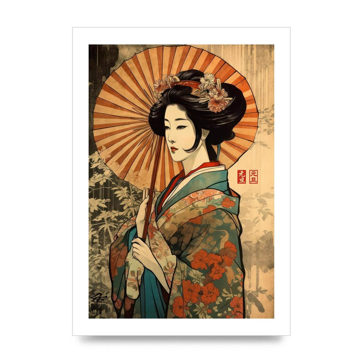Graceful Geisha Woodblock Rendition