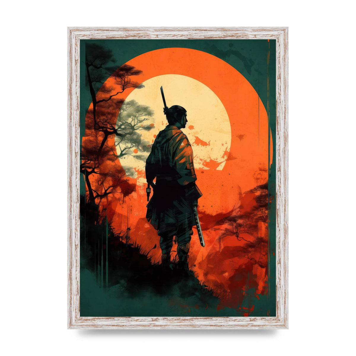 Samurais Silhouette Against Stark Backdrop