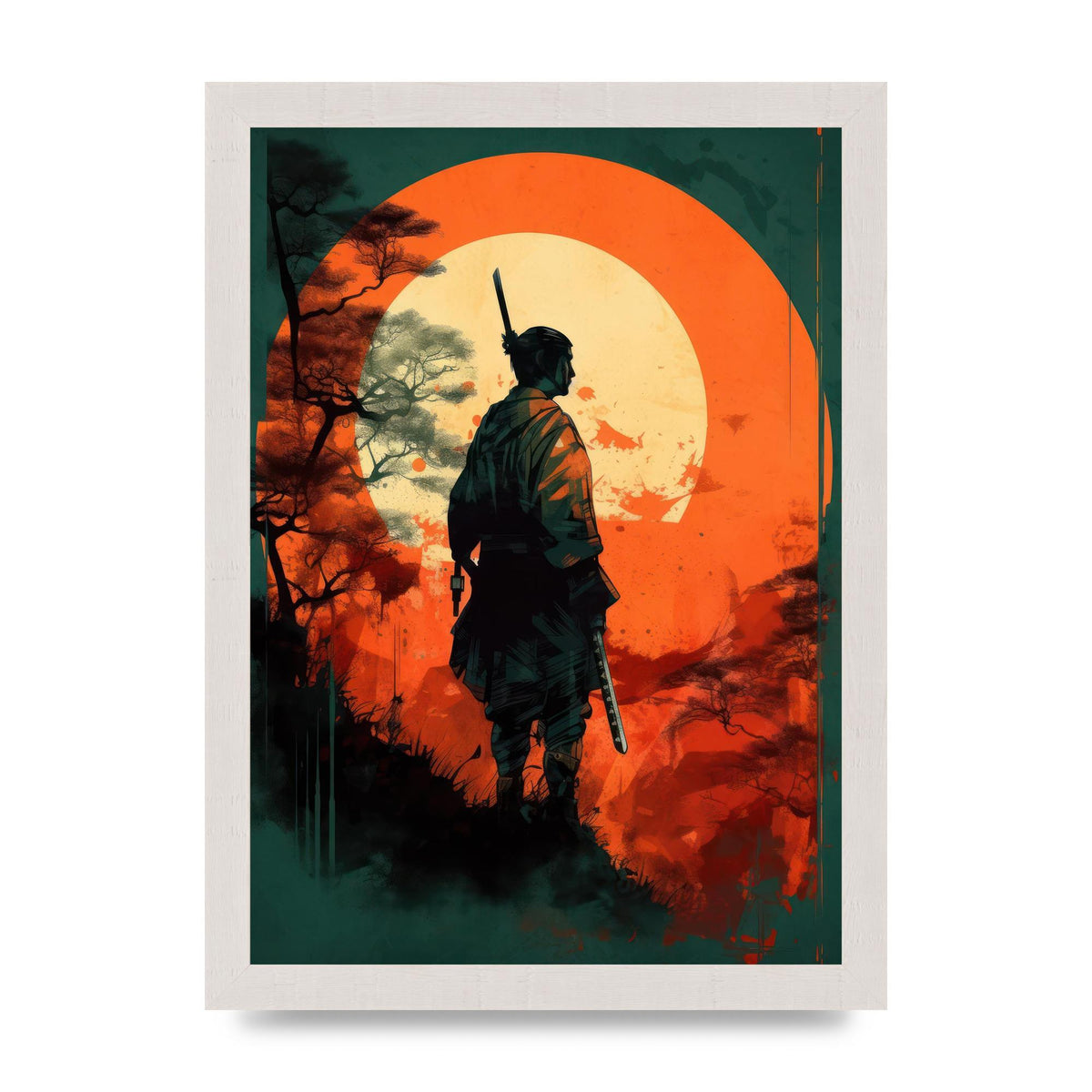 Samurais Silhouette Against Stark Backdrop