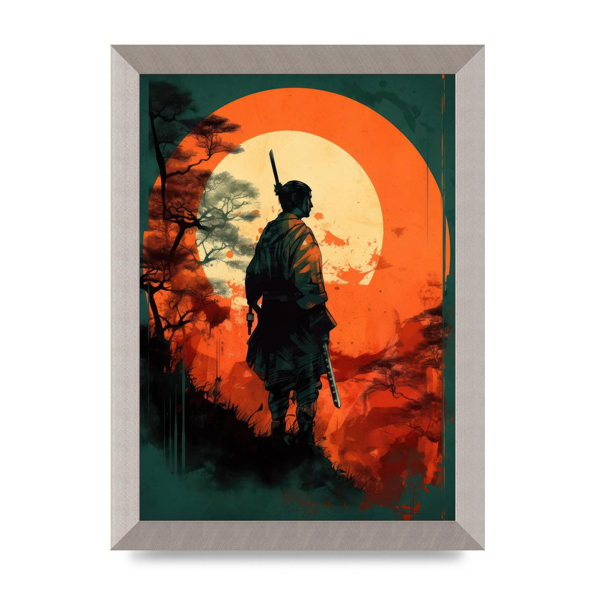 Samurais Silhouette Against Stark Backdrop