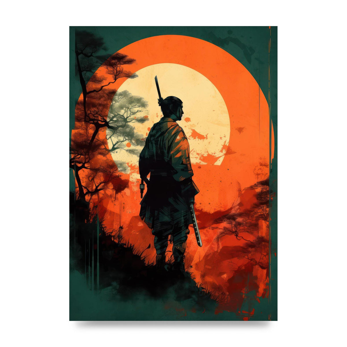 Samurais Silhouette Against Stark Backdrop