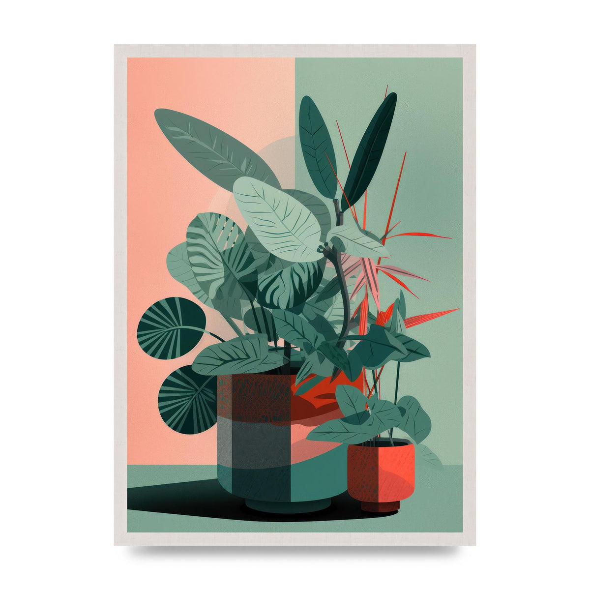 2D Flat House Plant Green Merge, print in an A2 white saw cut grain frame