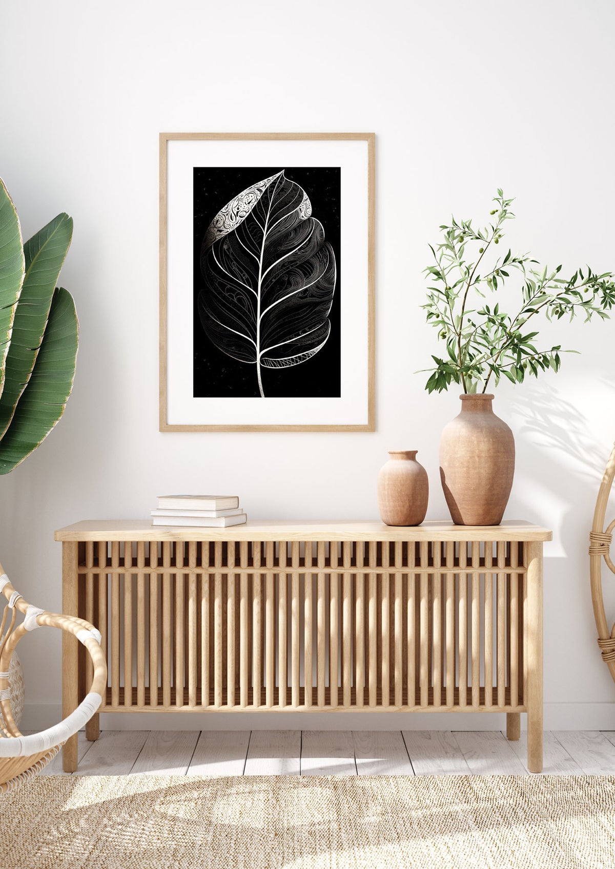 Rubber Plant Leaf in Black and White