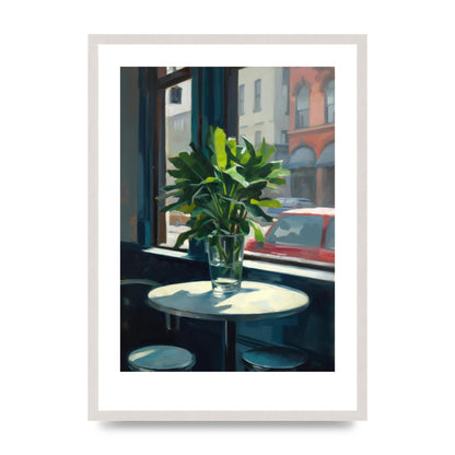 Plant on Cafe Table Against City Backdrop