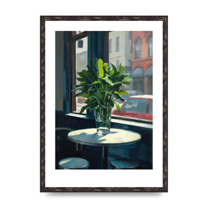 Plant on Cafe Table Against City Backdrop