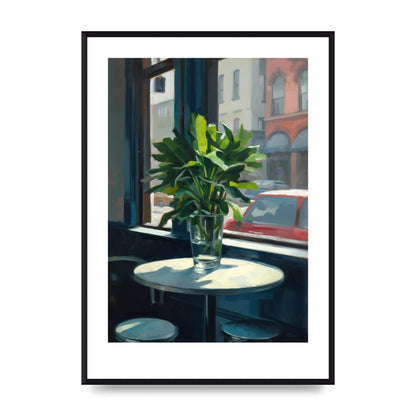 Plant on Cafe Table Against City Backdrop