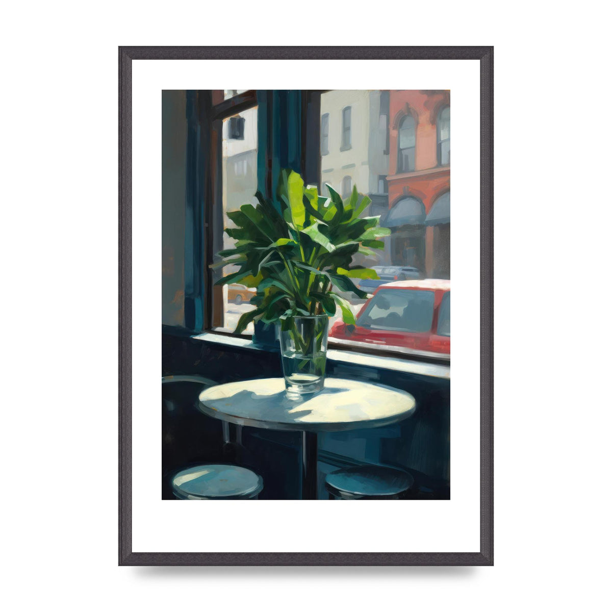 Plant on Cafe Table Against City Backdrop