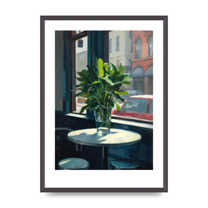 Plant on Cafe Table Against City Backdrop