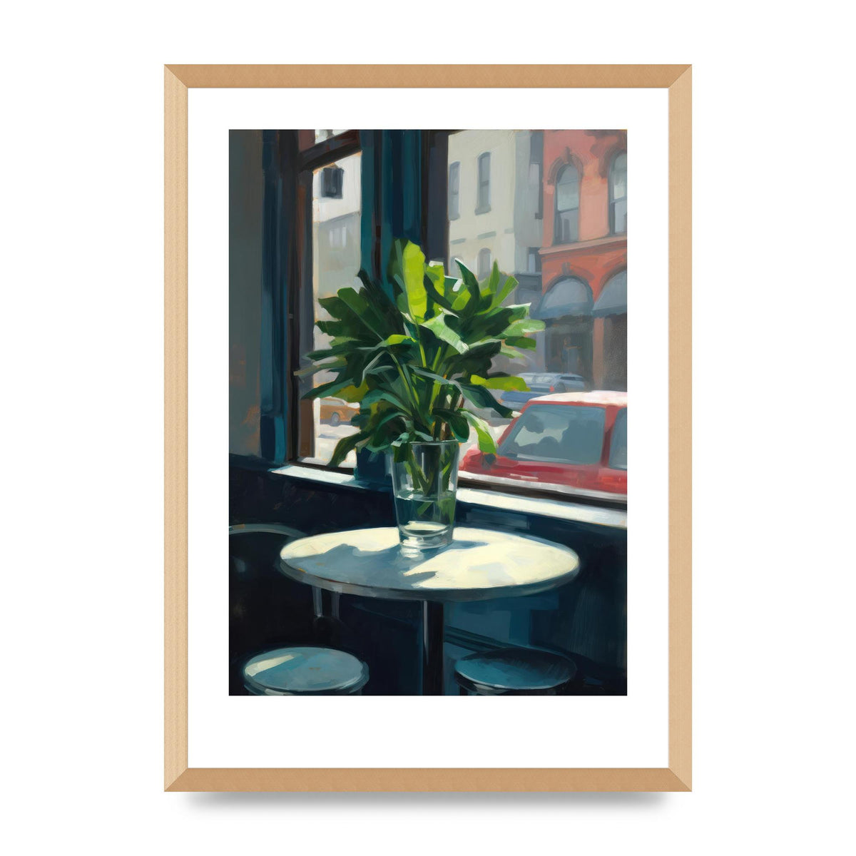 Plant on Cafe Table Against City Backdrop