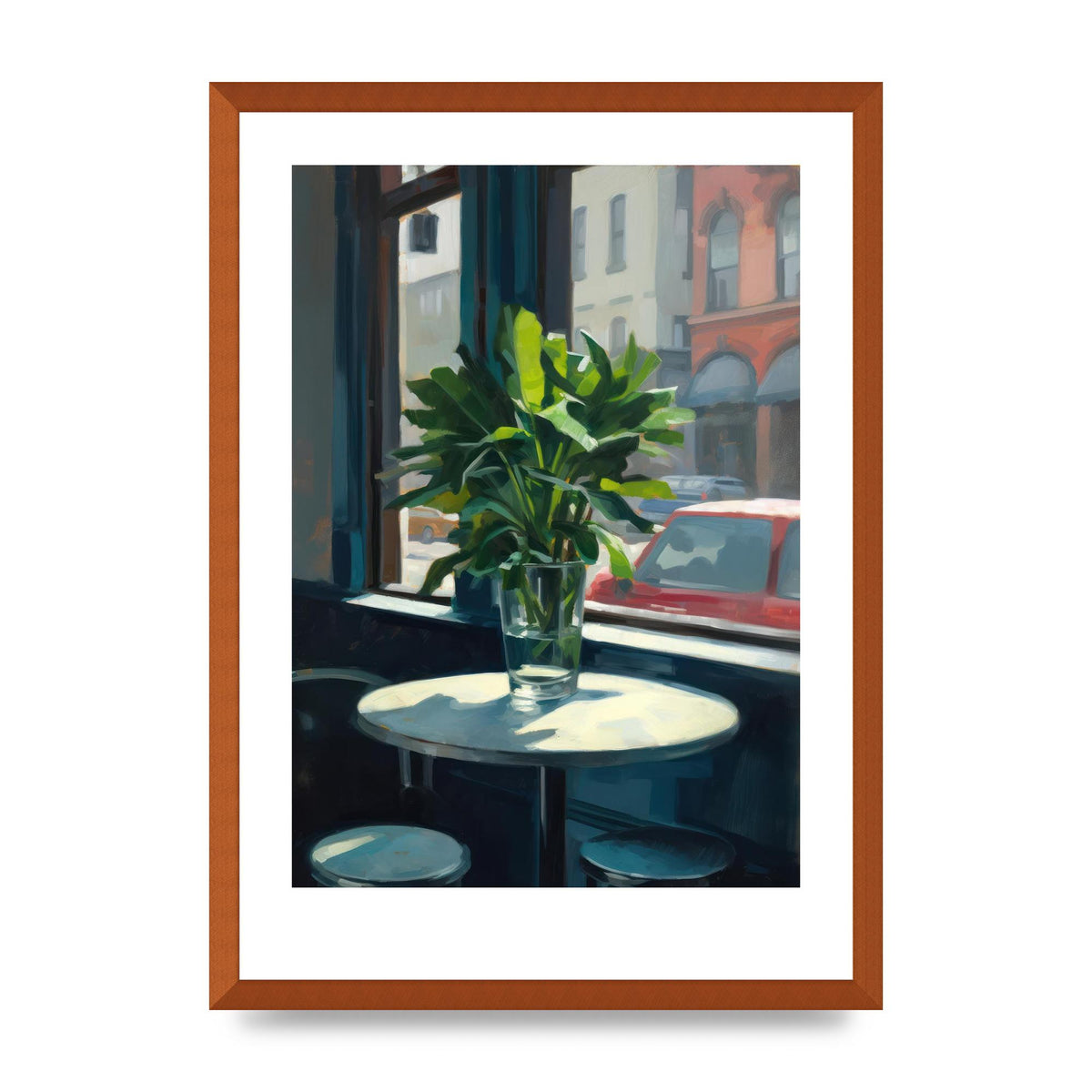 Plant on Cafe Table Against City Backdrop