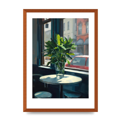 Plant on Cafe Table Against City Backdrop